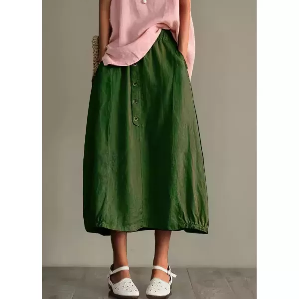 imagechouyatou Womens Summer ACotton Cotton Skirt Elastic Waist Button Front Casual Midi Skirt with PocketsArmy Green