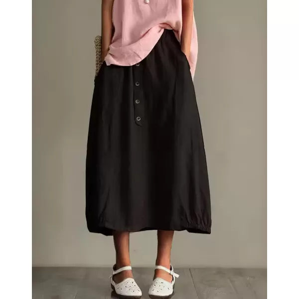 imagechouyatou Womens Summer ACotton Cotton Skirt Elastic Waist Button Front Casual Midi Skirt with PocketsBlack