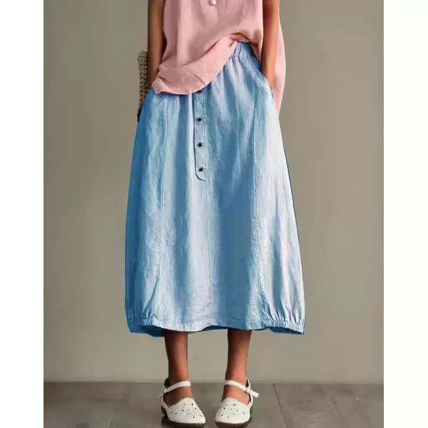 imagechouyatou Womens Summer ACotton Cotton Skirt Elastic Waist Button Front Casual Midi Skirt with PocketsLight Blue