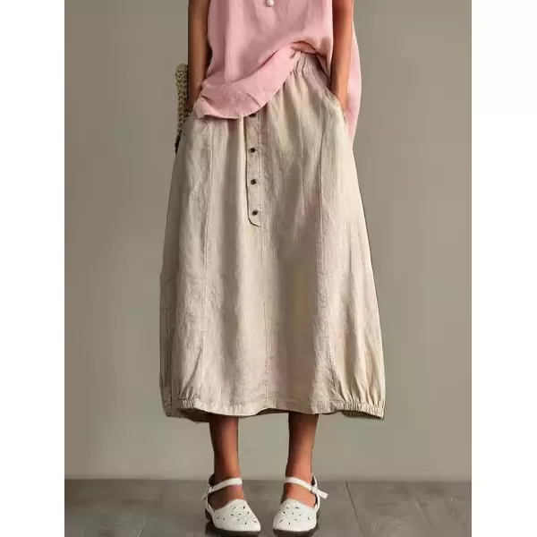 imagechouyatou Womens Summer ACotton Cotton Skirt Elastic Waist Button Front Casual Midi Skirt with PocketsLight Khaki