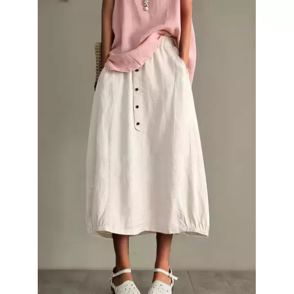 imagechouyatou Womens Summer ACotton Cotton Skirt Elastic Waist Button Front Casual Midi Skirt with PocketsOffwhite