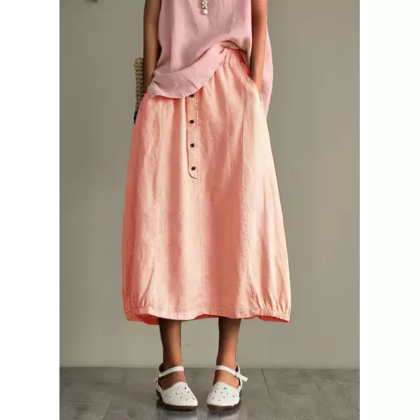 imagechouyatou Womens Summer ACotton Cotton Skirt Elastic Waist Button Front Casual Midi Skirt with PocketsPink