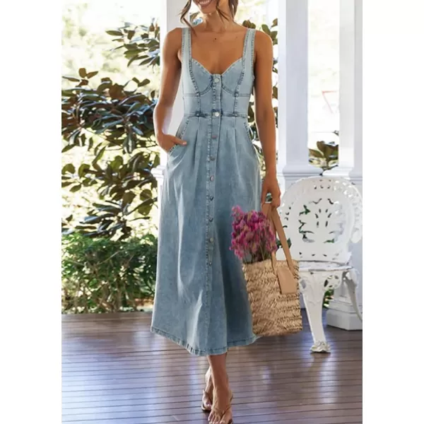 imagechouyatou Womens Summer Casual Button Down Denim Dress ALine Sleeveless Midi Jean DressBlue