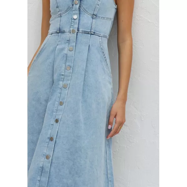 imagechouyatou Womens Summer Casual Button Down Denim Dress ALine Sleeveless Midi Jean DressBlue
