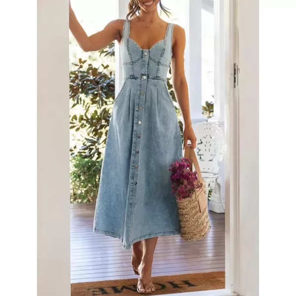 imagechouyatou Womens Summer Casual Button Down Denim Dress ALine Sleeveless Midi Jean DressBlue
