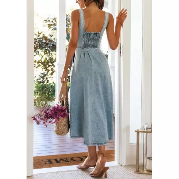 imagechouyatou Womens Summer Casual Button Down Denim Dress ALine Sleeveless Midi Jean DressBlue