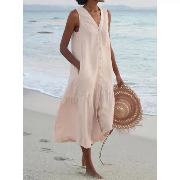 imagechouyatou Womens Summer Sleeveless Button Down Cotton Tank Dress Loose ALine Tiered Tunic Beach DressBeige