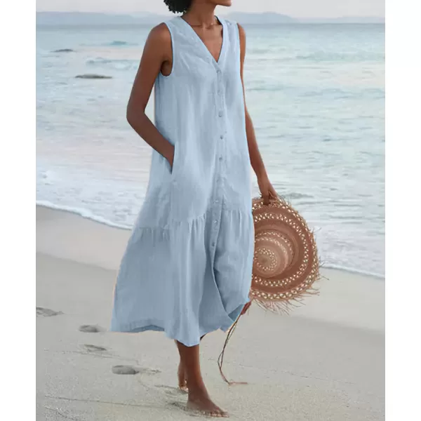 imagechouyatou Womens Summer Sleeveless Button Down Cotton Tank Dress Loose ALine Tiered Tunic Beach DressLight Blue