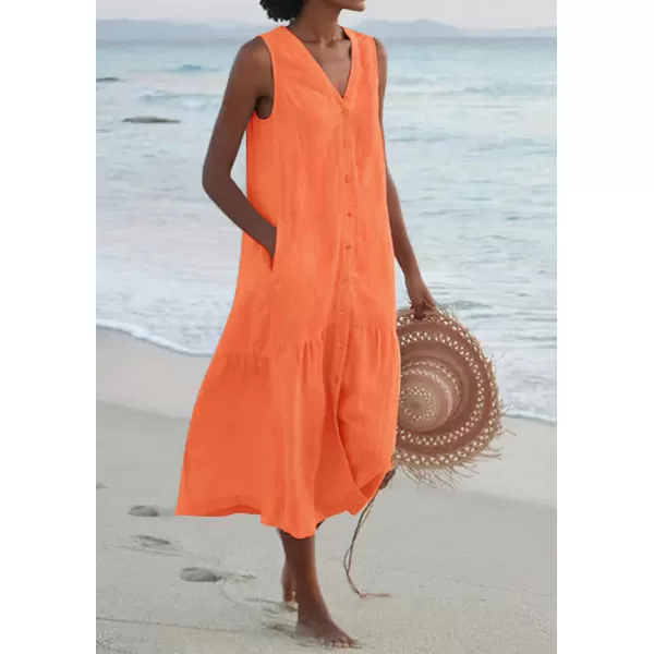 imagechouyatou Womens Summer Sleeveless Button Down Cotton Tank Dress Loose ALine Tiered Tunic Beach DressOrange