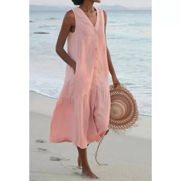 imagechouyatou Womens Summer Sleeveless Button Down Cotton Tank Dress Loose ALine Tiered Tunic Beach DressPink