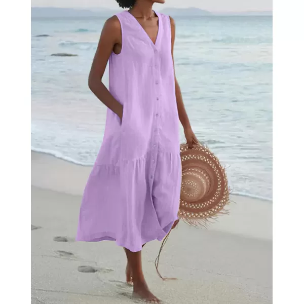 imagechouyatou Womens Summer Sleeveless Button Down Cotton Tank Dress Loose ALine Tiered Tunic Beach DressPurple