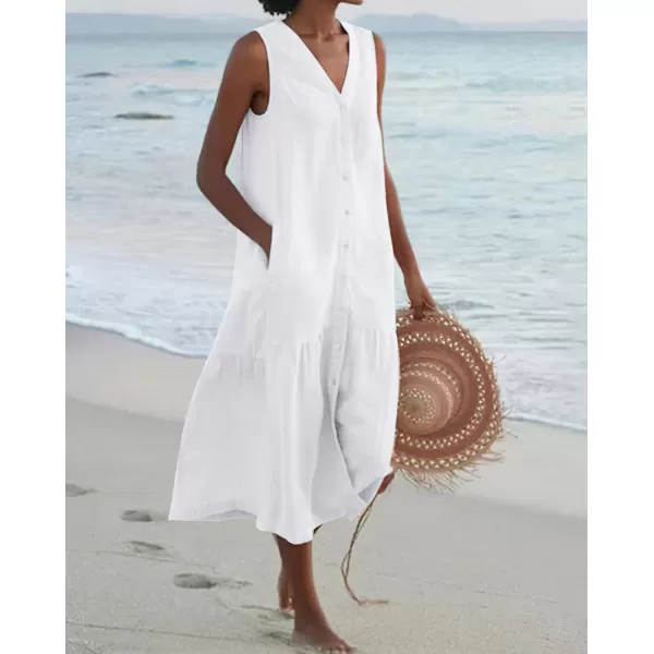 imagechouyatou Womens Summer Sleeveless Button Down Cotton Tank Dress Loose ALine Tiered Tunic Beach DressWhite