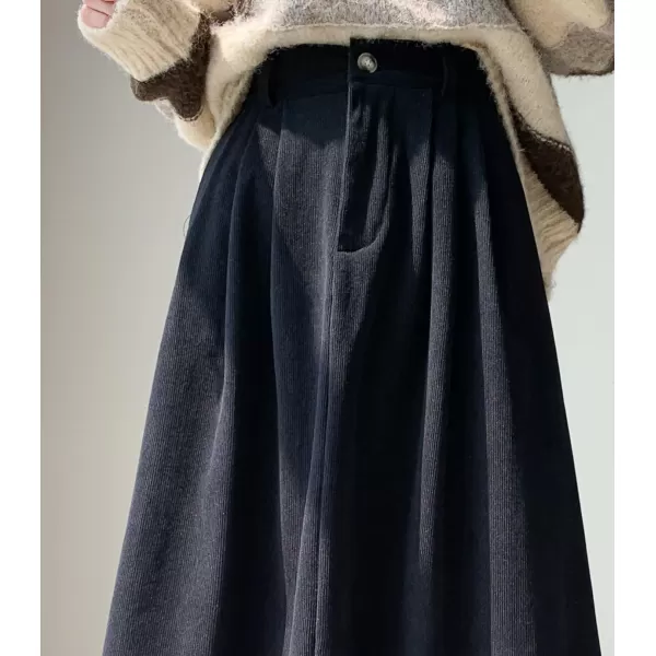 imagechouyatou Womens Vintage Corduroy A Line Skirt High Elastic Waist Pleated Swing Midi Long Skirt with PocketsBlack
