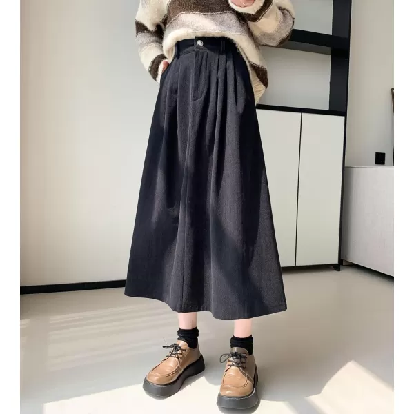 imagechouyatou Womens Vintage Corduroy A Line Skirt High Elastic Waist Pleated Swing Midi Long Skirt with PocketsBlack