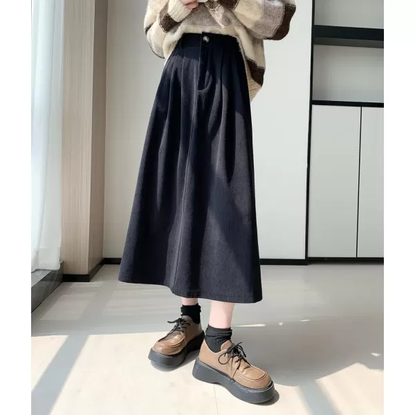 imagechouyatou Womens Vintage Corduroy A Line Skirt High Elastic Waist Pleated Swing Midi Long Skirt with PocketsBlack