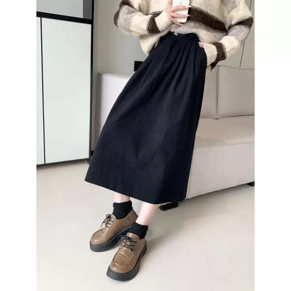 imagechouyatou Womens Vintage Corduroy A Line Skirt High Elastic Waist Pleated Swing Midi Long Skirt with PocketsBlack