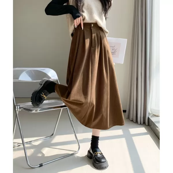 imagechouyatou Womens Vintage Corduroy A Line Skirt High Elastic Waist Pleated Swing Midi Long Skirt with PocketsBrown