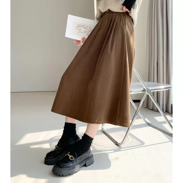 imagechouyatou Womens Vintage Corduroy A Line Skirt High Elastic Waist Pleated Swing Midi Long Skirt with PocketsBrown
