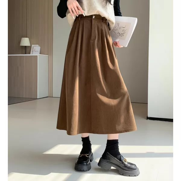 imagechouyatou Womens Vintage Corduroy A Line Skirt High Elastic Waist Pleated Swing Midi Long Skirt with PocketsBrown