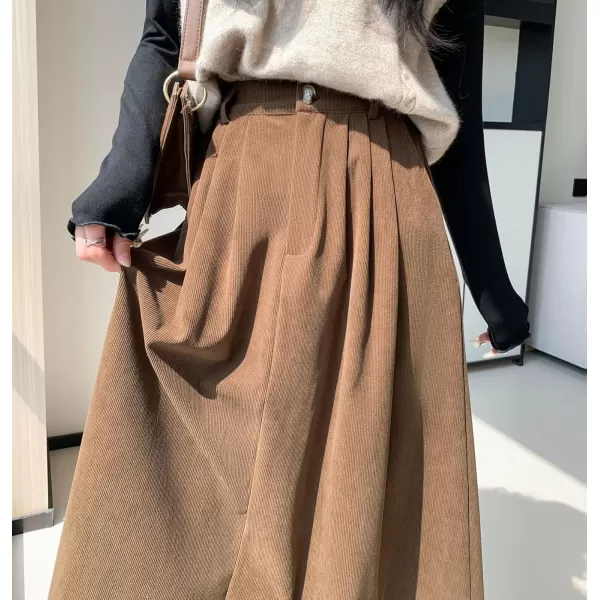 imagechouyatou Womens Vintage Corduroy A Line Skirt High Elastic Waist Pleated Swing Midi Long Skirt with PocketsBrown