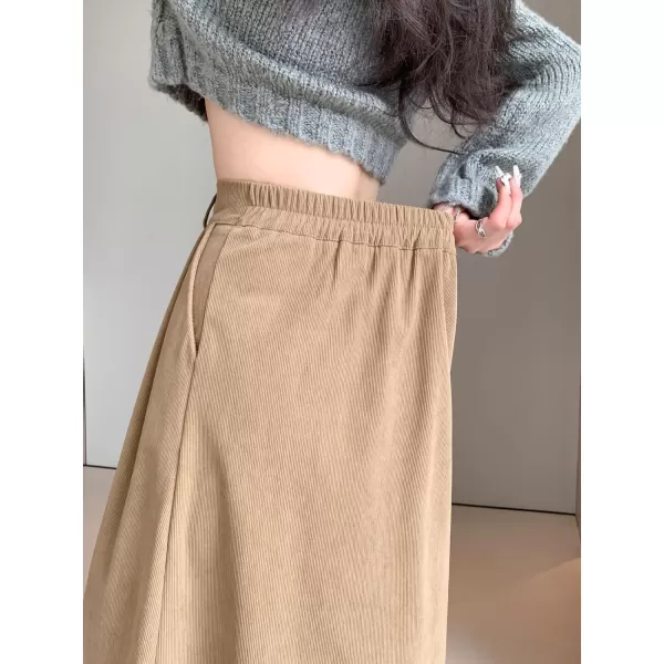 imagechouyatou Womens Vintage Corduroy A Line Skirt High Elastic Waist Pleated Swing Midi Long Skirt with PocketsKhaki