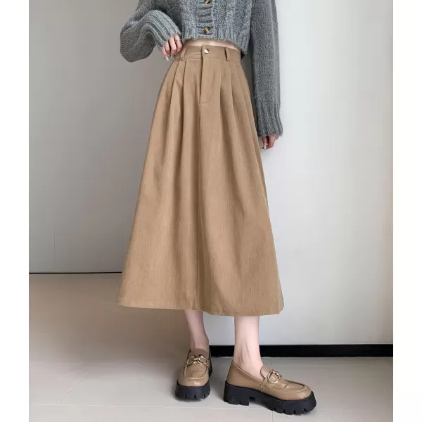 imagechouyatou Womens Vintage Corduroy A Line Skirt High Elastic Waist Pleated Swing Midi Long Skirt with PocketsKhaki