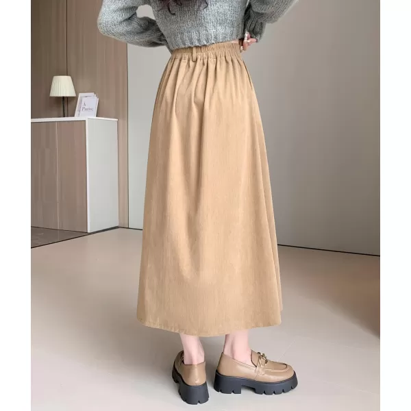 imagechouyatou Womens Vintage Corduroy A Line Skirt High Elastic Waist Pleated Swing Midi Long Skirt with PocketsKhaki