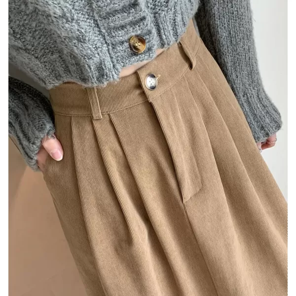 imagechouyatou Womens Vintage Corduroy A Line Skirt High Elastic Waist Pleated Swing Midi Long Skirt with PocketsKhaki