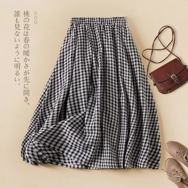 imagechouyatou Womens Vintage Plaid Elastic Waist A Line Pleated Swing Midi Long Skirt with PocketsBlack