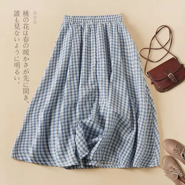 imagechouyatou Womens Vintage Plaid Elastic Waist A Line Pleated Swing Midi Long Skirt with PocketsBlue