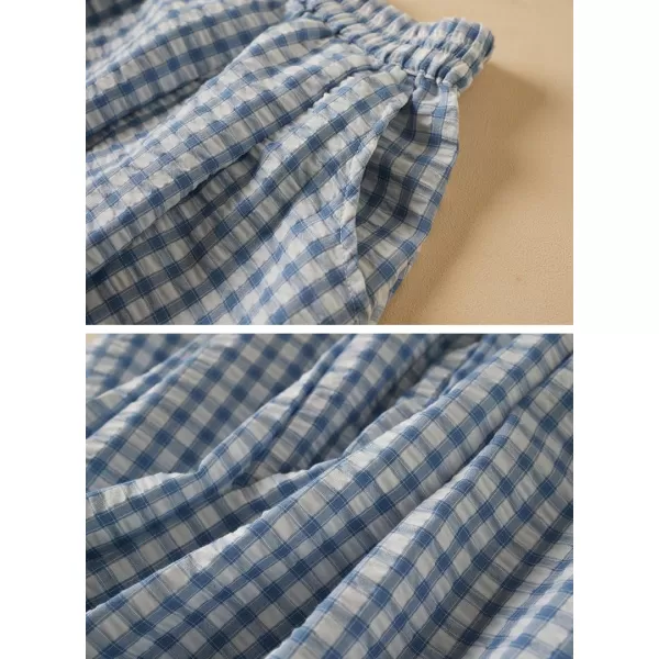 imagechouyatou Womens Vintage Plaid Elastic Waist A Line Pleated Swing Midi Long Skirt with PocketsBlue