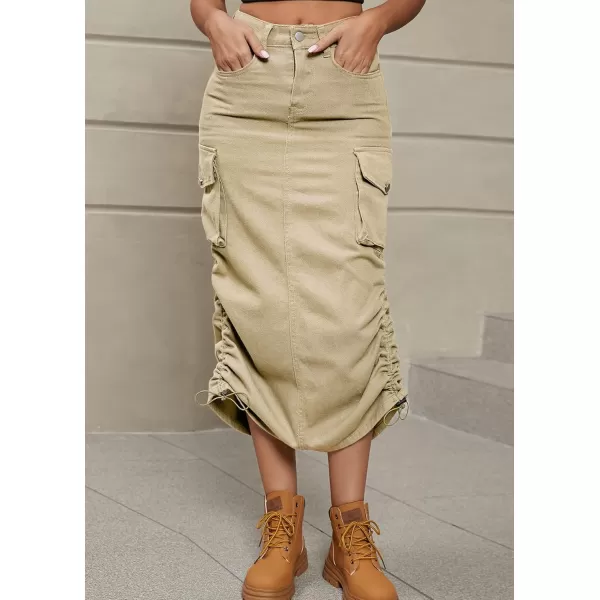 imagechouyatou Womens Y2K Cargo Skirt Jean Adjustable Casual ALine Midi Long Denim SkirtKhaki
