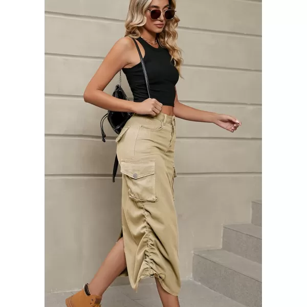 imagechouyatou Womens Y2K Cargo Skirt Jean Adjustable Casual ALine Midi Long Denim SkirtKhaki