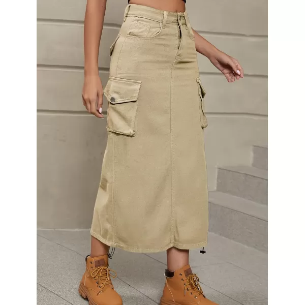 imagechouyatou Womens Y2K Cargo Skirt Jean Adjustable Casual ALine Midi Long Denim SkirtKhaki