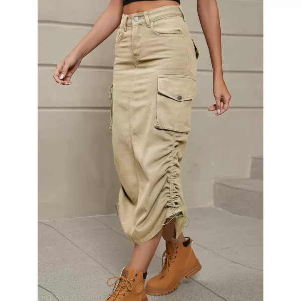 imagechouyatou Womens Y2K Cargo Skirt Jean Adjustable Casual ALine Midi Long Denim SkirtKhaki