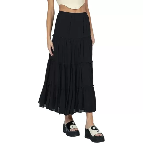 imageWomens Summer Boho Elastic High Waist ALine Beach Flowy Swing Ruffle Hem Tiered Maxi SkirtBlack