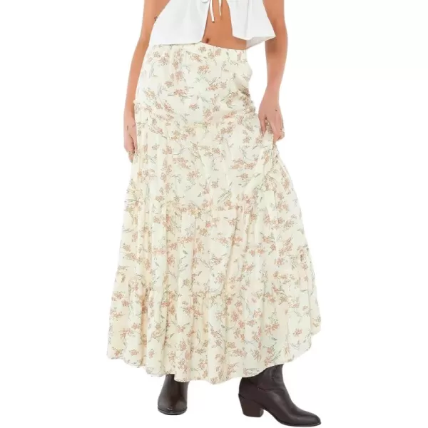 imageWomens Summer Boho Elastic High Waist ALine Beach Flowy Swing Ruffle Hem Tiered Maxi SkirtFloral