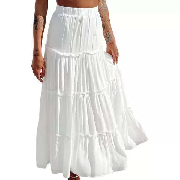imageWomens Summer Boho Elastic High Waist ALine Beach Flowy Swing Ruffle Hem Tiered Maxi SkirtWhite