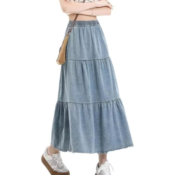 imagechouyatou Women Elastic High Waist Tiered Denim Skirt Pleated A Line Flared Long Maxi Jean SkirtBaby Blue