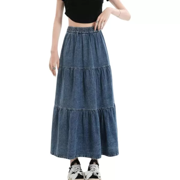 imagechouyatou Women Elastic High Waist Tiered Denim Skirt Pleated A Line Flared Long Maxi Jean SkirtDark Blue