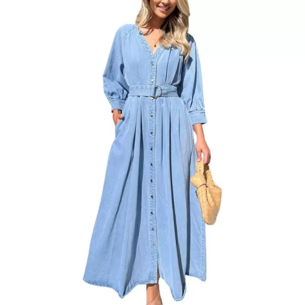 imagechouyatou Womens Boho VNeck Button Down Swing Maxi Denim Dress 34 Sleeve Casual Belted Long Jean DressBlue