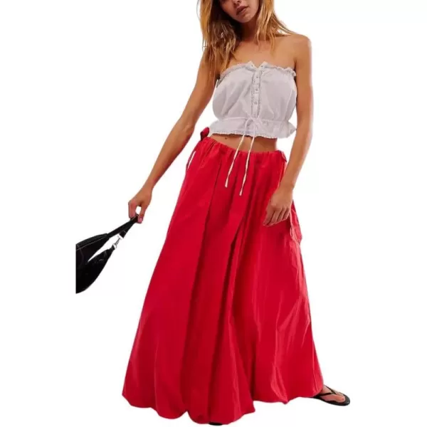 imagechouyatou Womens Bow Knot Maxi Bubble Skirt Y2K ALine Long Balloon Skirt with PocketsRed