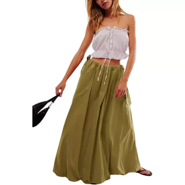 imagechouyatou Womens Bow Knot Maxi Bubble Skirt Y2K ALine Long Balloon Skirt with PocketsYellowish Green