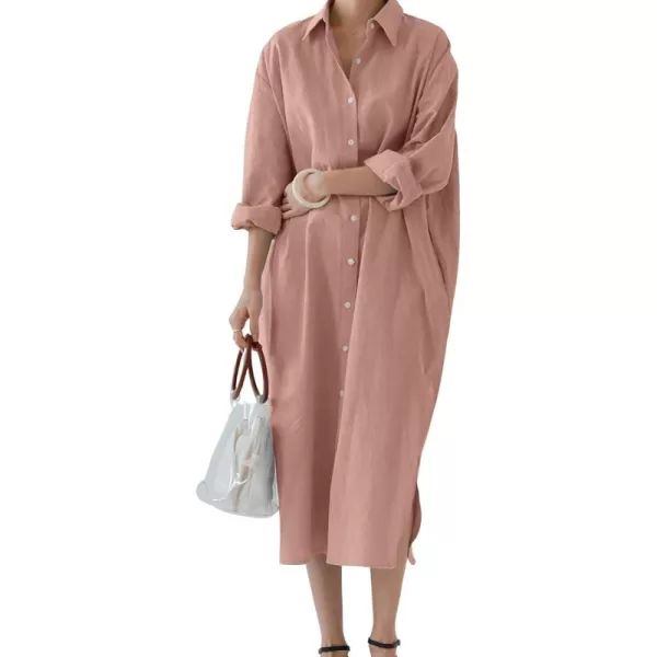 imagechouyatou Womens Casual Long Sleeve Button Down Maxi Shirt Dress Spring Summer Tunic DressDark Pink