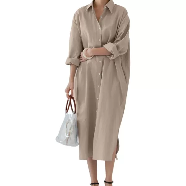imagechouyatou Womens Casual Long Sleeve Button Down Maxi Shirt Dress Spring Summer Tunic DressKhaki