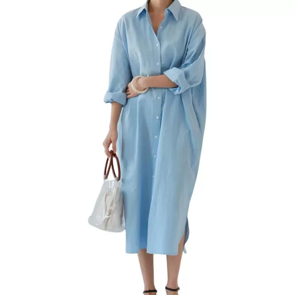 imagechouyatou Womens Casual Long Sleeve Button Down Maxi Shirt Dress Spring Summer Tunic DressLight Blue