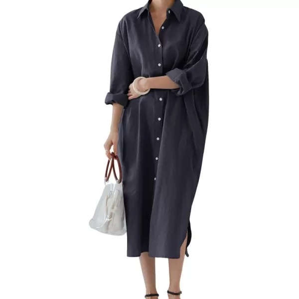 imagechouyatou Womens Casual Long Sleeve Button Down Maxi Shirt Dress Spring Summer Tunic DressNavy Blue