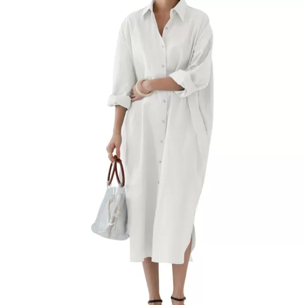 imagechouyatou Womens Casual Long Sleeve Button Down Maxi Shirt Dress Spring Summer Tunic DressWhite
