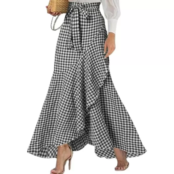 imagechouyatou Womens Casual Plaid Mermaid Maxi Skirt A Line Irregular Ruffle Hem Fishtail Long SkirtPlaid Black