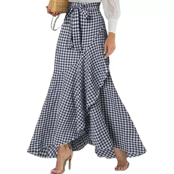 imagechouyatou Womens Casual Plaid Mermaid Maxi Skirt A Line Irregular Ruffle Hem Fishtail Long SkirtPlaid Navy